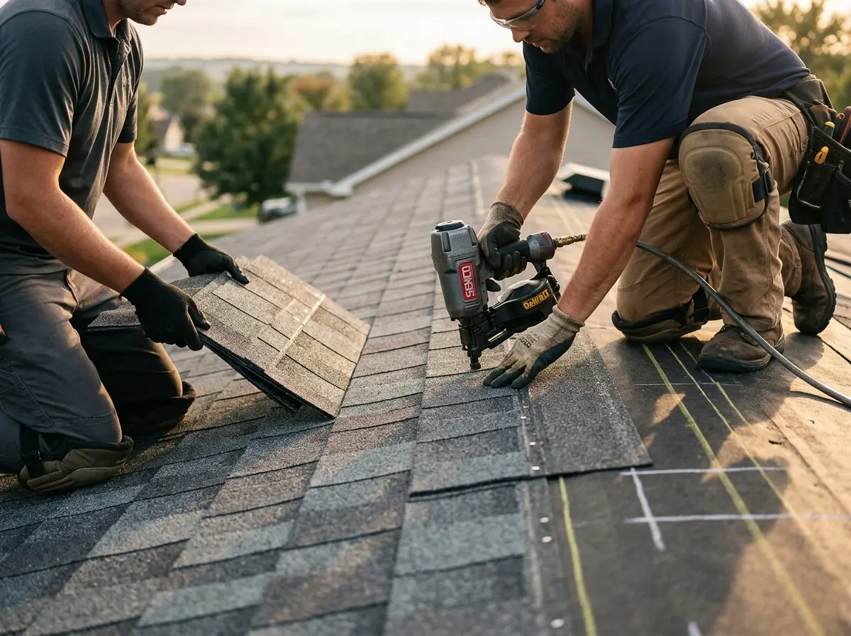 Professional roofer working on a residential roof in Harborcreek